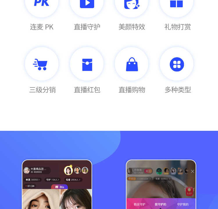 短视频直播 商城带货 直播连麦PK  礼物打赏 分销系统源码搭建
