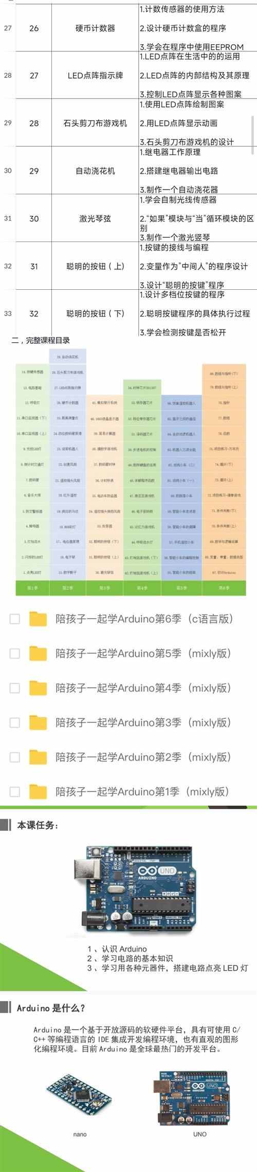 新Arduino少儿编程80节课程课件ppt视频源码大纲Mixly米思齐C语言